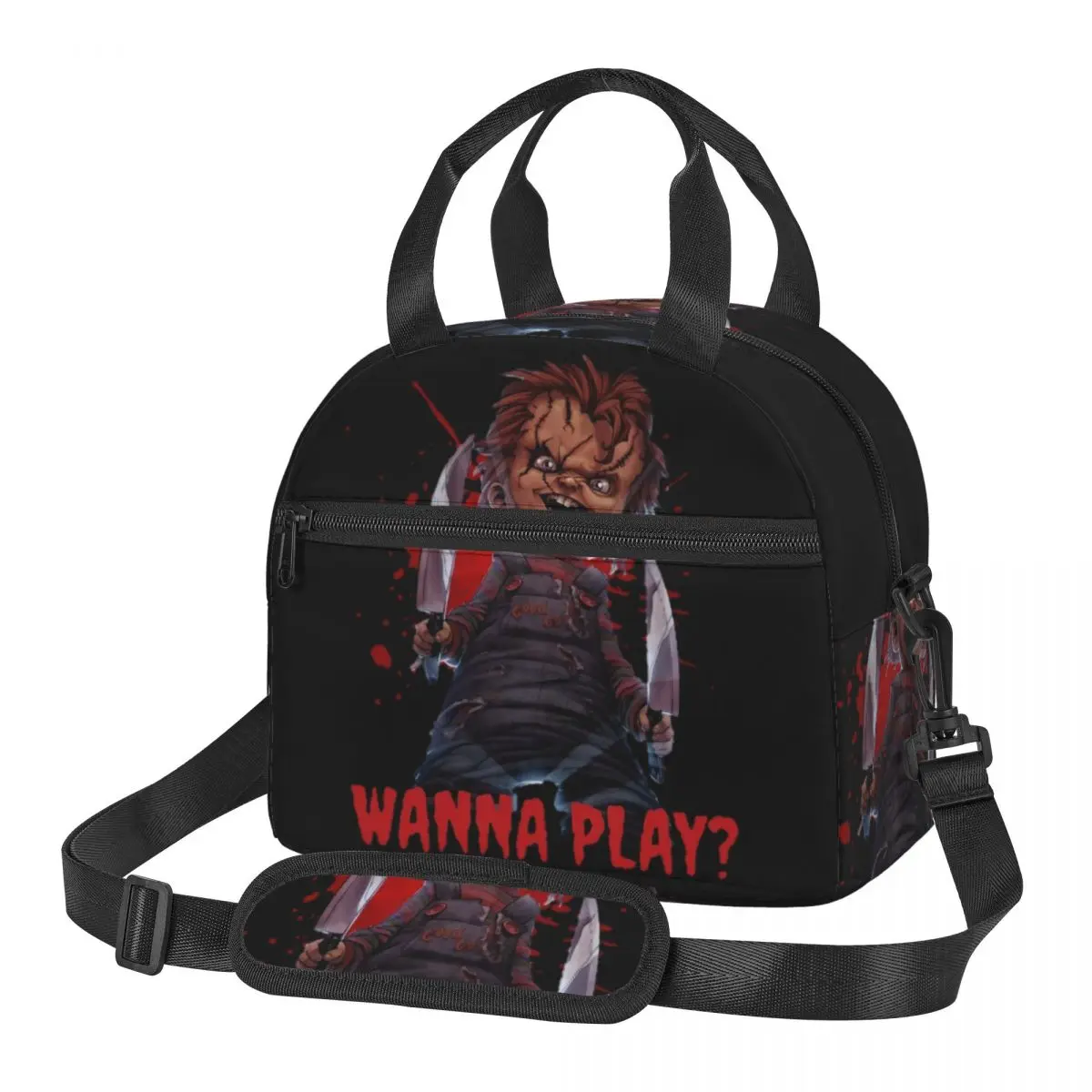 

Large Insulated Lunch Box With Adjustable Shoulder Strap Chucky Wanna Play Merch Vintage Halloween Lunch Boxes Thermal Cooler