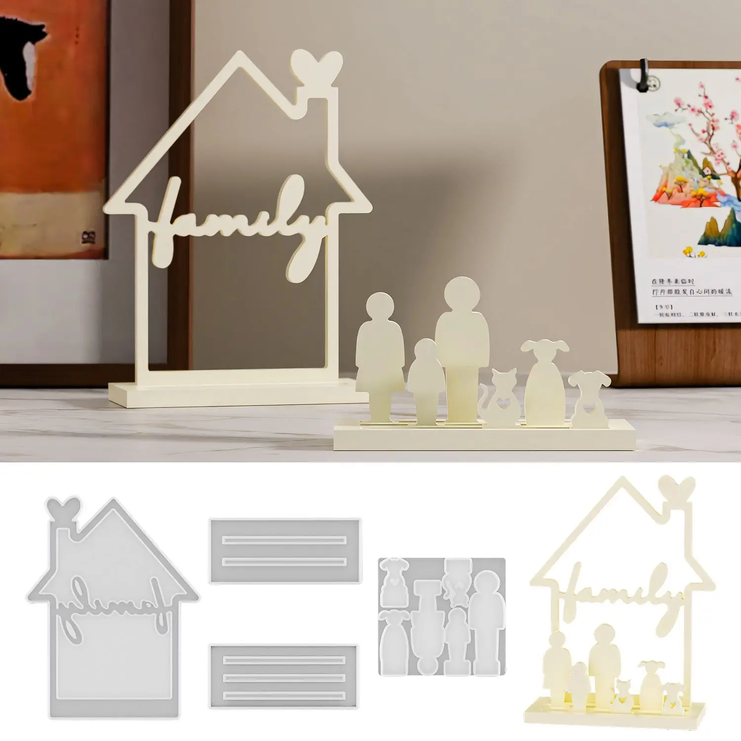 

Diy Hollowed-out Family Decorative Items Epoxy Resin Molds Creative Family Cat Dog Decoration House Gypsum Mold Home Decoration