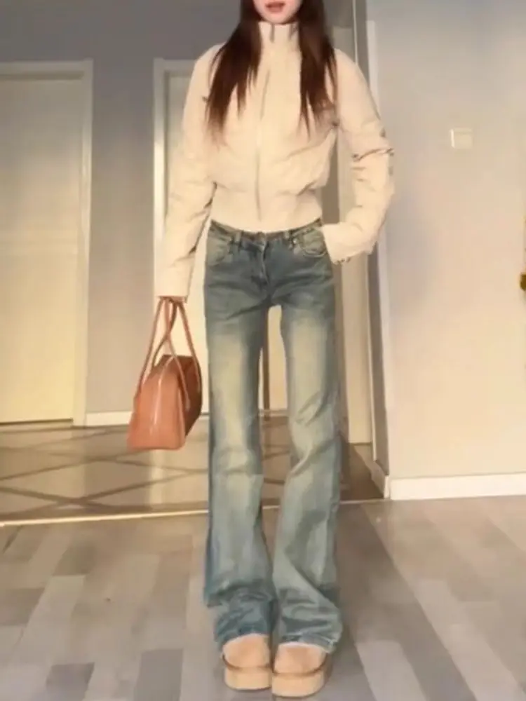 

Одежда для женщин, расклешенные джинсы с низкой посадкой, прямые синие повседневные рваные женские брюки в стиле ретро 2000-х годов, американские рваные брюки унисекс