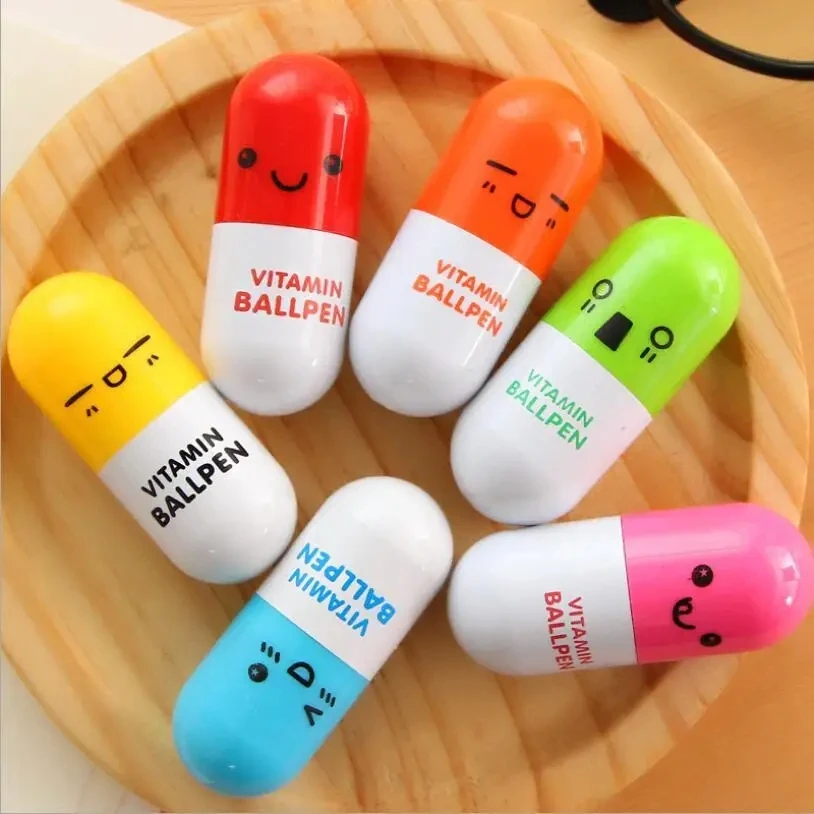 Creative Vitamin Smile Pill Stretch Ballpoint Pen School Supply Pen Kids Stationery Office Cartoon Retractable Pill Pen Gift