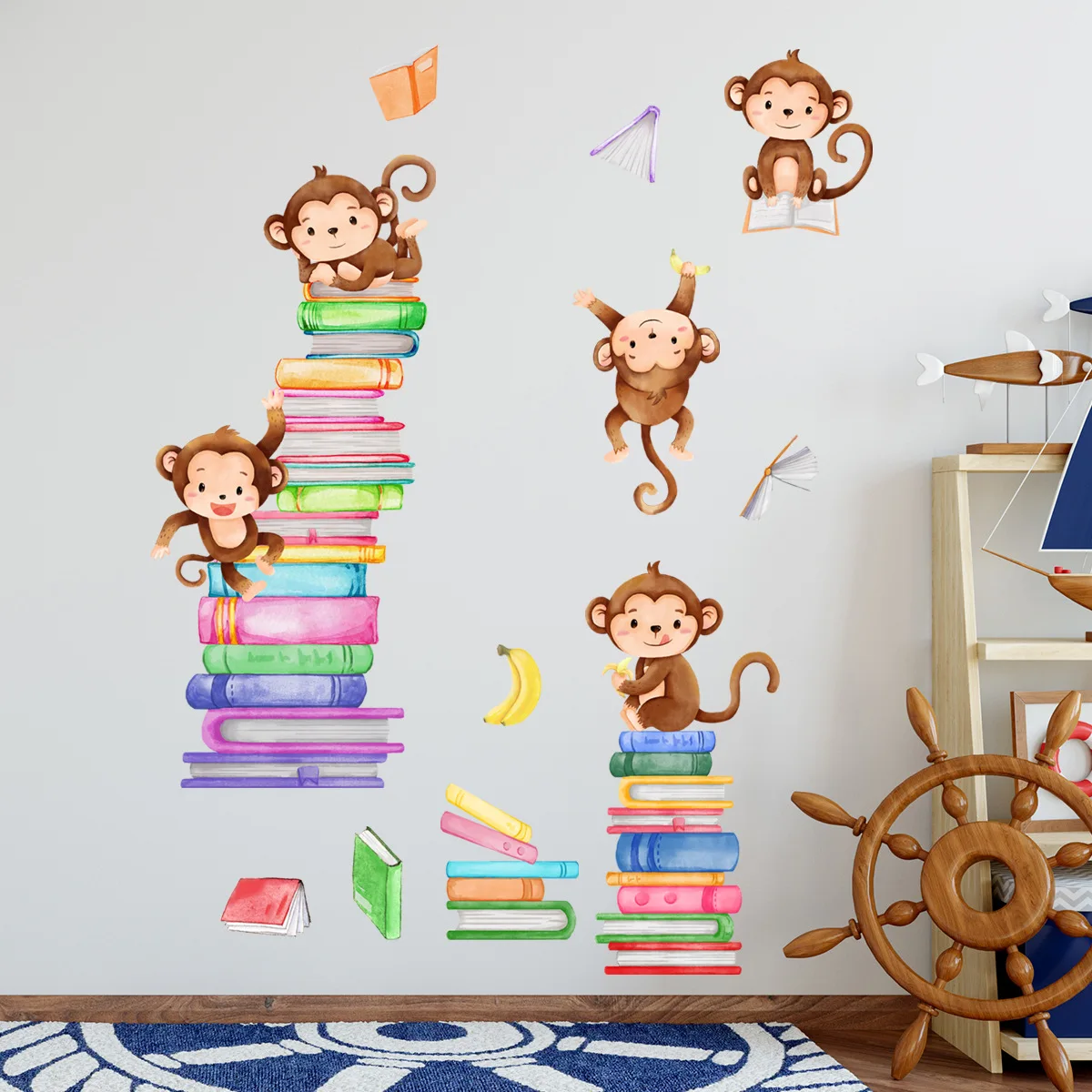 2pcs Cartoon Animal Monkey Book Wall Sticker Living Room Bedroom Living Room Bedroom Restaurant Decorative Mural Wall Sticker