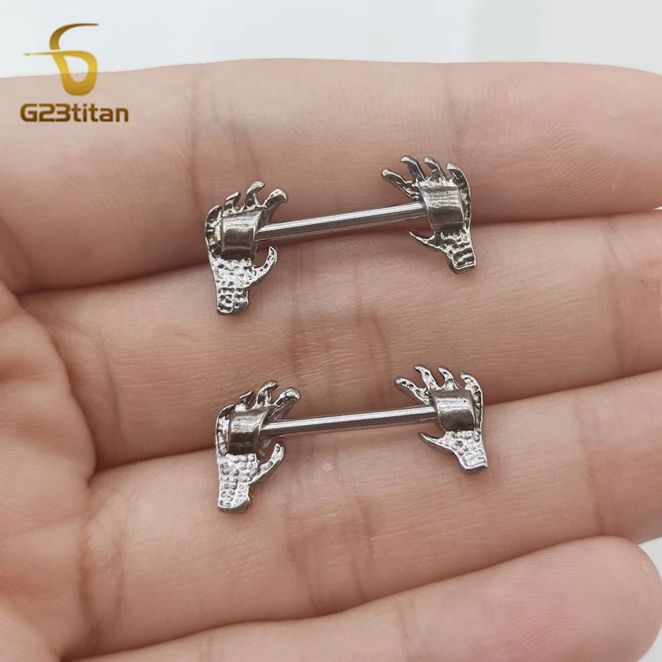 Women Men Nipple Ring Demon Claw Skeleton Hand Design 14G Surgical Titanium Steel Barbell Punk Gothic Body Piercing Jewelry 2pcs image 4