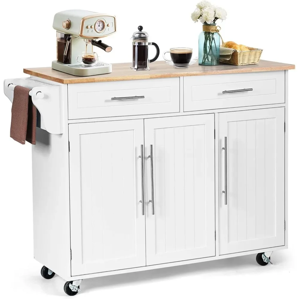 

Mobile Kitchen Island Cart, Rolling Storage Trolley with Towel Bar, 2 Deep Drawers, 3 Door Cabinets, Swivel Casters