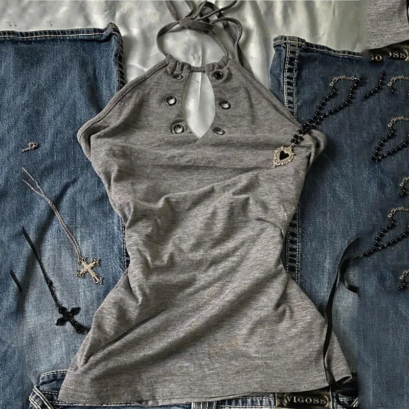 Summer Harajuku Sweet Spicy Women Y2K Vintage Sleeveless Slim Fit Crop Vest Individuality Aesthetic Casual Streetwear Tank Tops