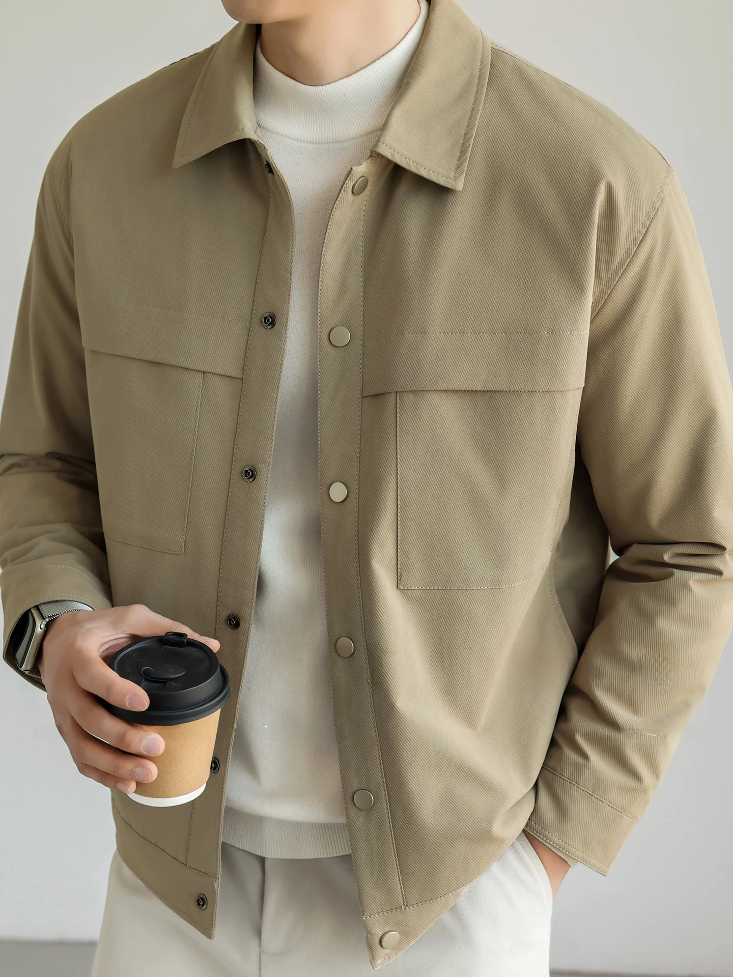 Warm Cotton Jacket Men's Flannel Texture Stand Collar down Filled Coat Skin-friendly Business Casual Outerwear Winter Coat