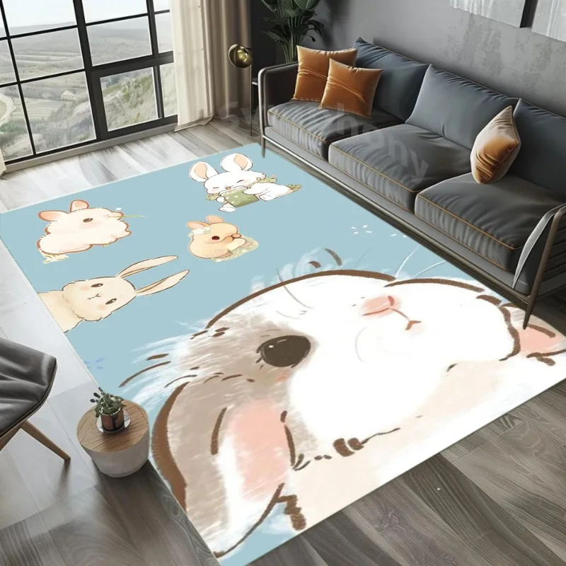 Bunny Breakfast Rug Cute Cartoon Rabbit Pattern Soft Non-slip Home Decor Floor Mat Living Room Girl's Bedroom Kawaii Area Carpet