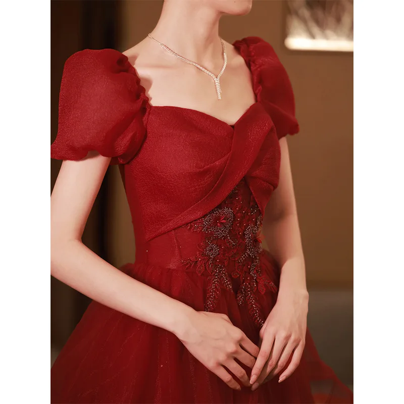 Wine Red Evening Dresses Elegant Long A Line Prom Dress With Puff Sleeve Classic Sweet Lace Applique Vestido De Noche Customized