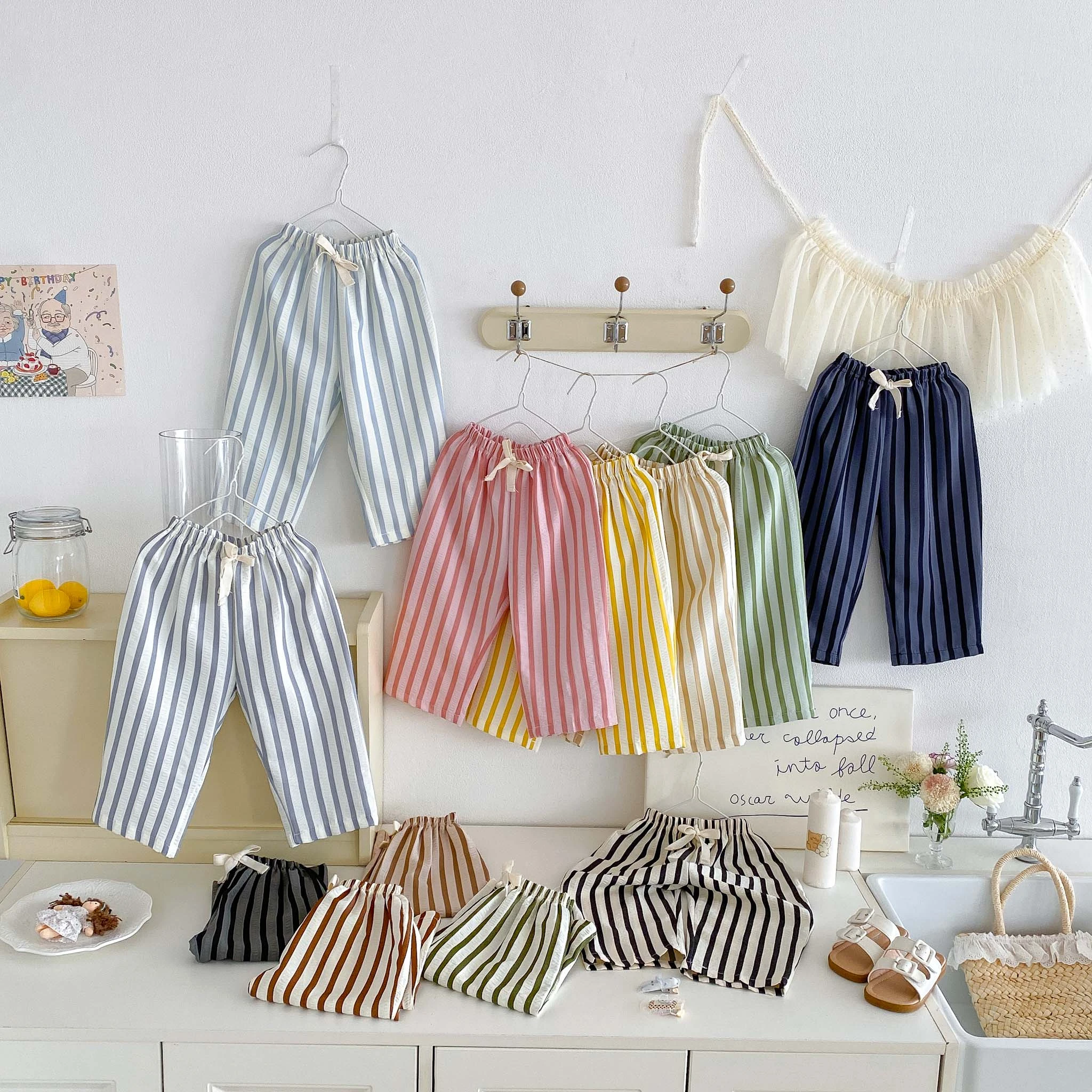 Small Kids Stripe Drawstring Wide Leg Pants Toddler Lightweight Fabric Loose Trousers Baby Boys Girls Daily Bottoms Child Wear