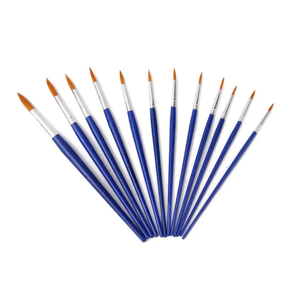 12Pcs Blue Pointed Brush Set for Oil Acrylic Watercolor Painting Featuring Metal Wood Nylon Construction 16.4-19.5cm Seamless