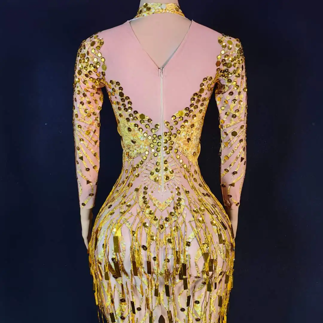 المرأة الذهب حجر الراين الترتر عيد ميلاد مساء الملكة التسلق أداء مرحلة فستان طويل Nightout Bodycon زي التخرج