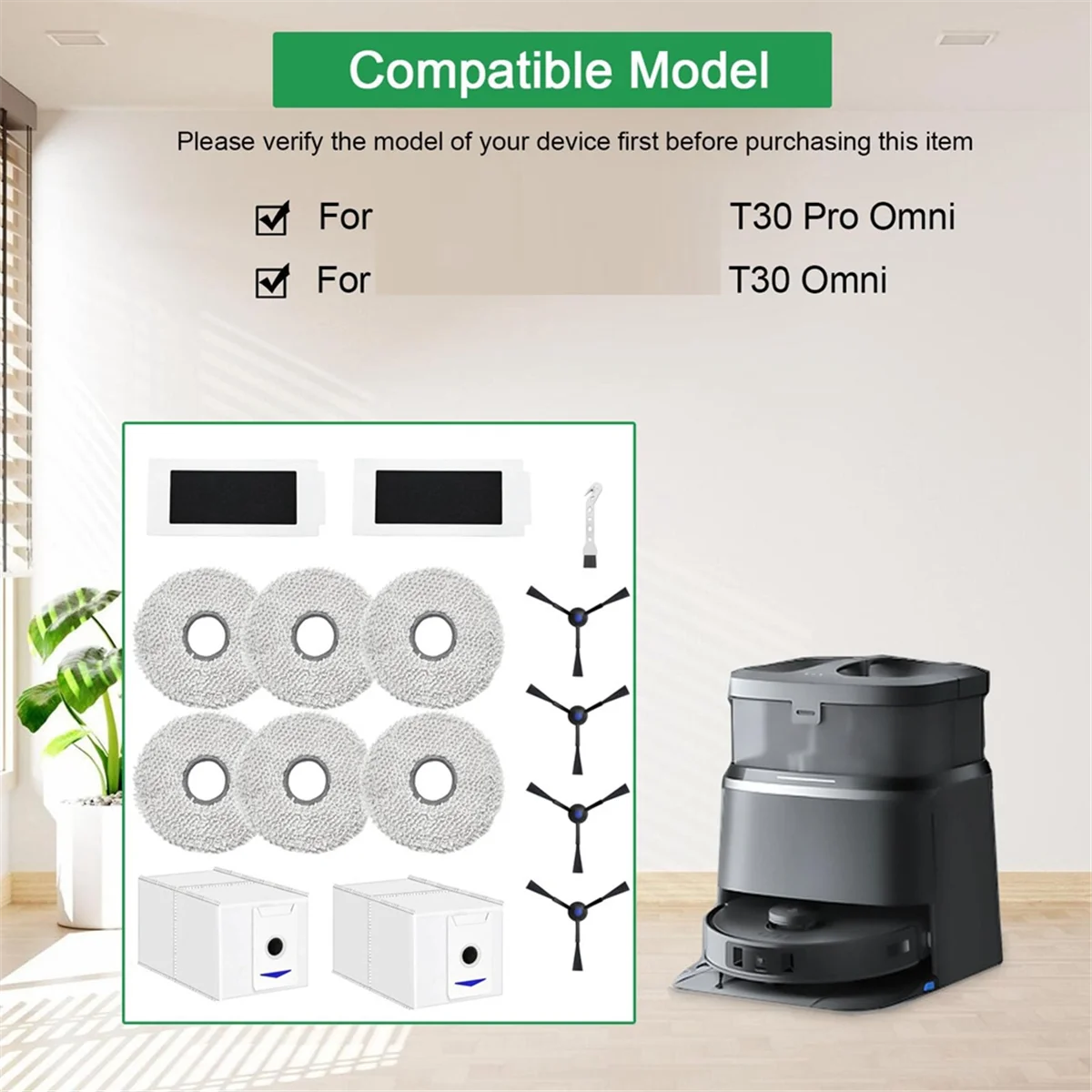 ECOVACS DEEBOT T30 Pro 옴니 로봇 진공 청소기용 교체 부품 액세서리 세트: 먼지 봉투, 사이드 브러시 필터