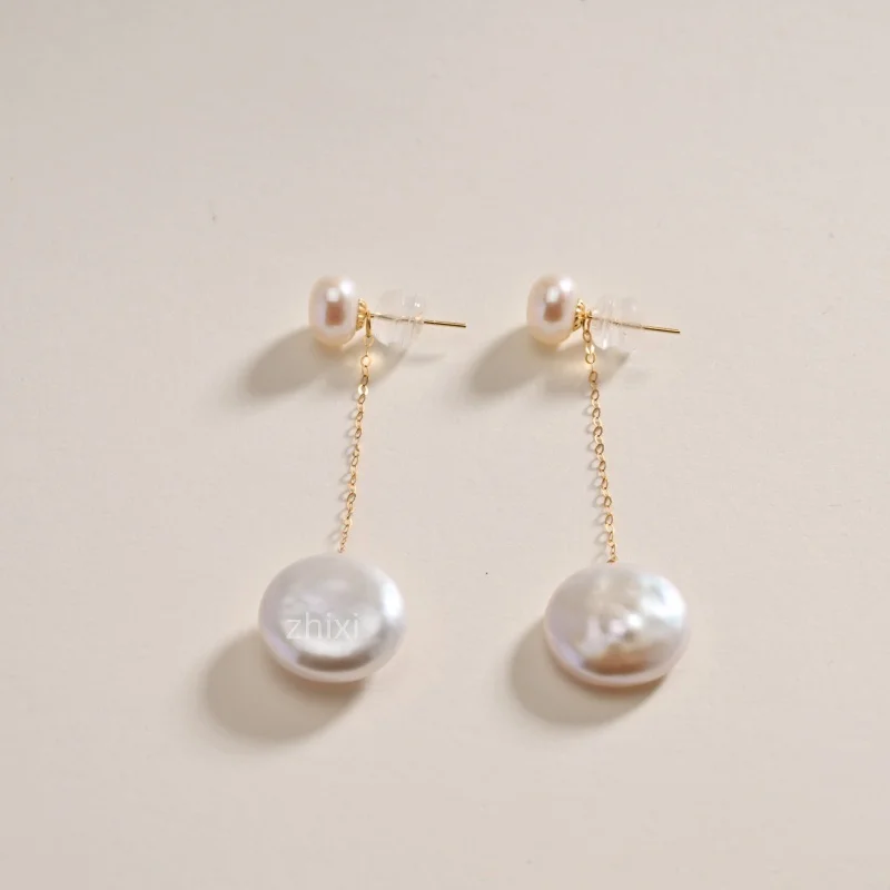 

Новые большие серьги из желтого золота 18 карат, ювелирные изделия, длинный чистый пресноводный жемчуг белого цвета au750, модный подарок на свадьбу для E1019