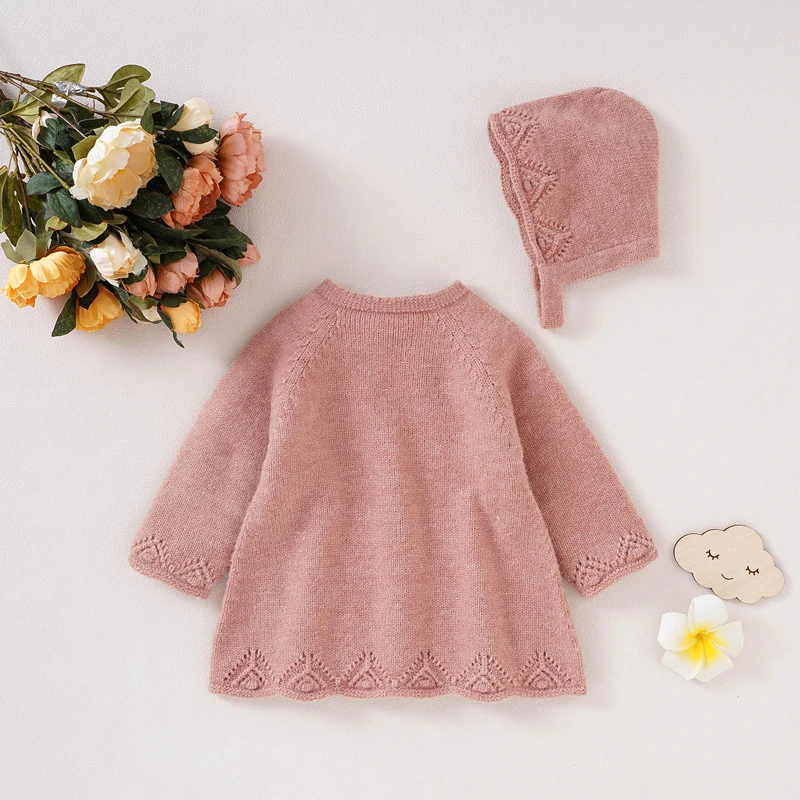 Autumn Baby Sweater Dress Knit Newborn Girl Skirt Long Sleeve Infant Toddler Clothes Hat 2PC Fashion Solid Ruffle Cute Princess