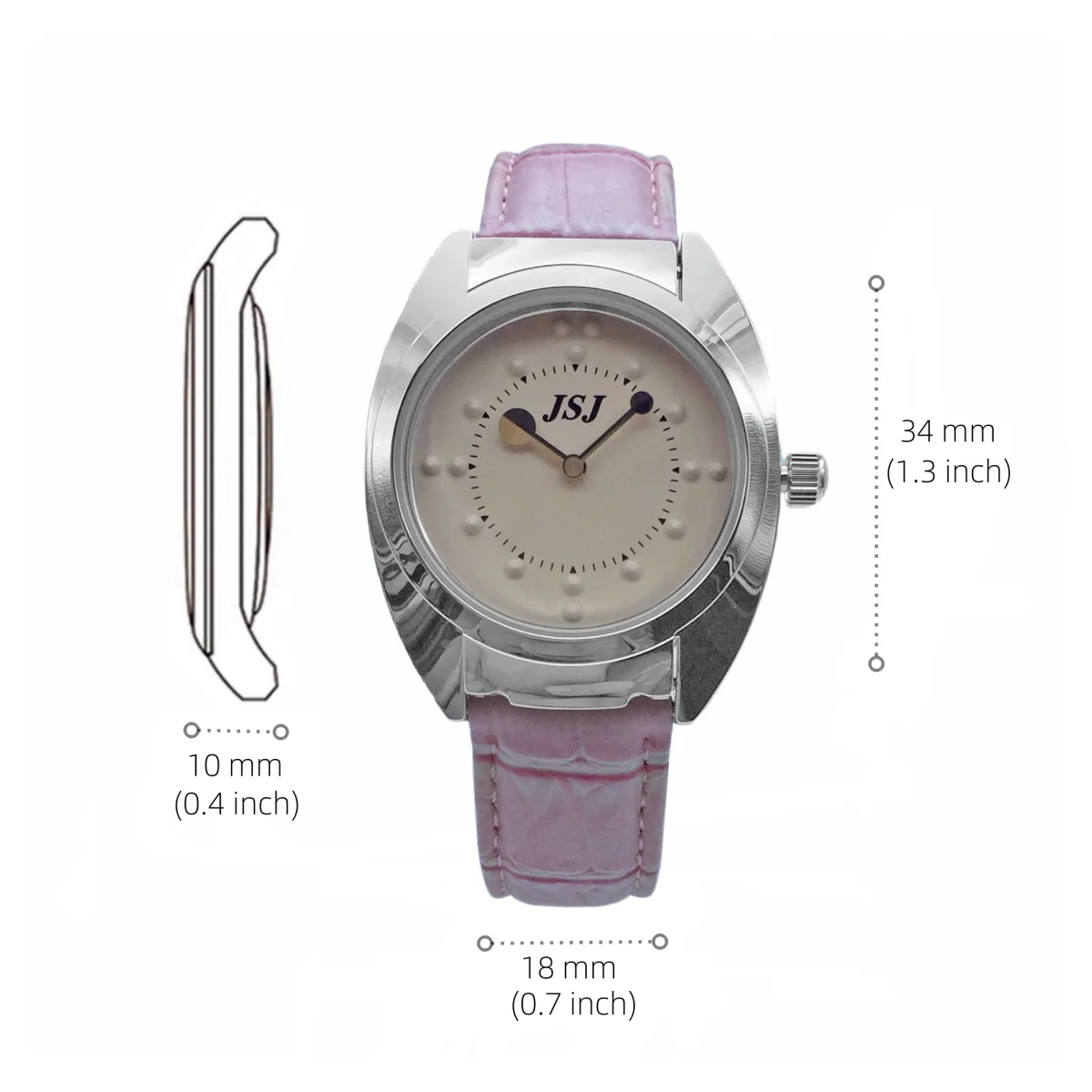 นาฬิกาสัมผัสสําหรับคนตาบอดหรือสายตาต่ําพร้อมสายหนังสีชมพู หน้าปัดสีชมพู