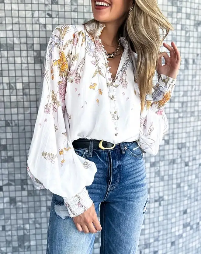 Printed button front lantern sleeve shirt, fashionable and casual loose top, new women's clothing for summer 2025