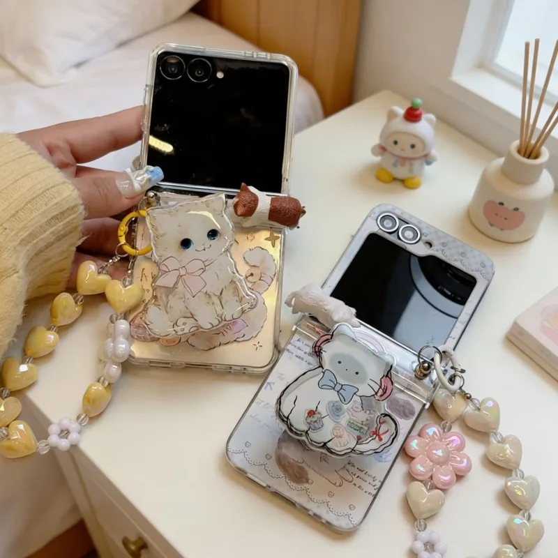 

Cute Cartoon Cat Stand for Samsung Galaxy Z Flip 7 6 5 4 Protective Back Cover for ZFlip5 ZFlip6 ZFlip7 Case Shell
