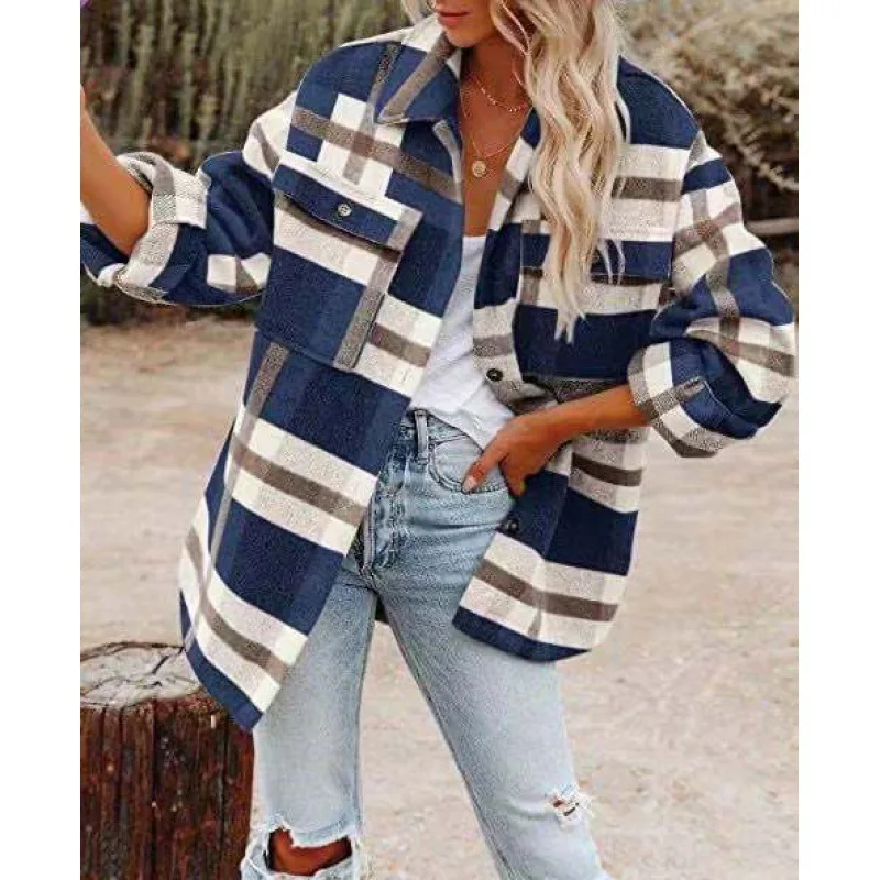 New fashion popular women\'s fall and winter long-sleeved loose plaid shirt tweed jacket female winter clothes women