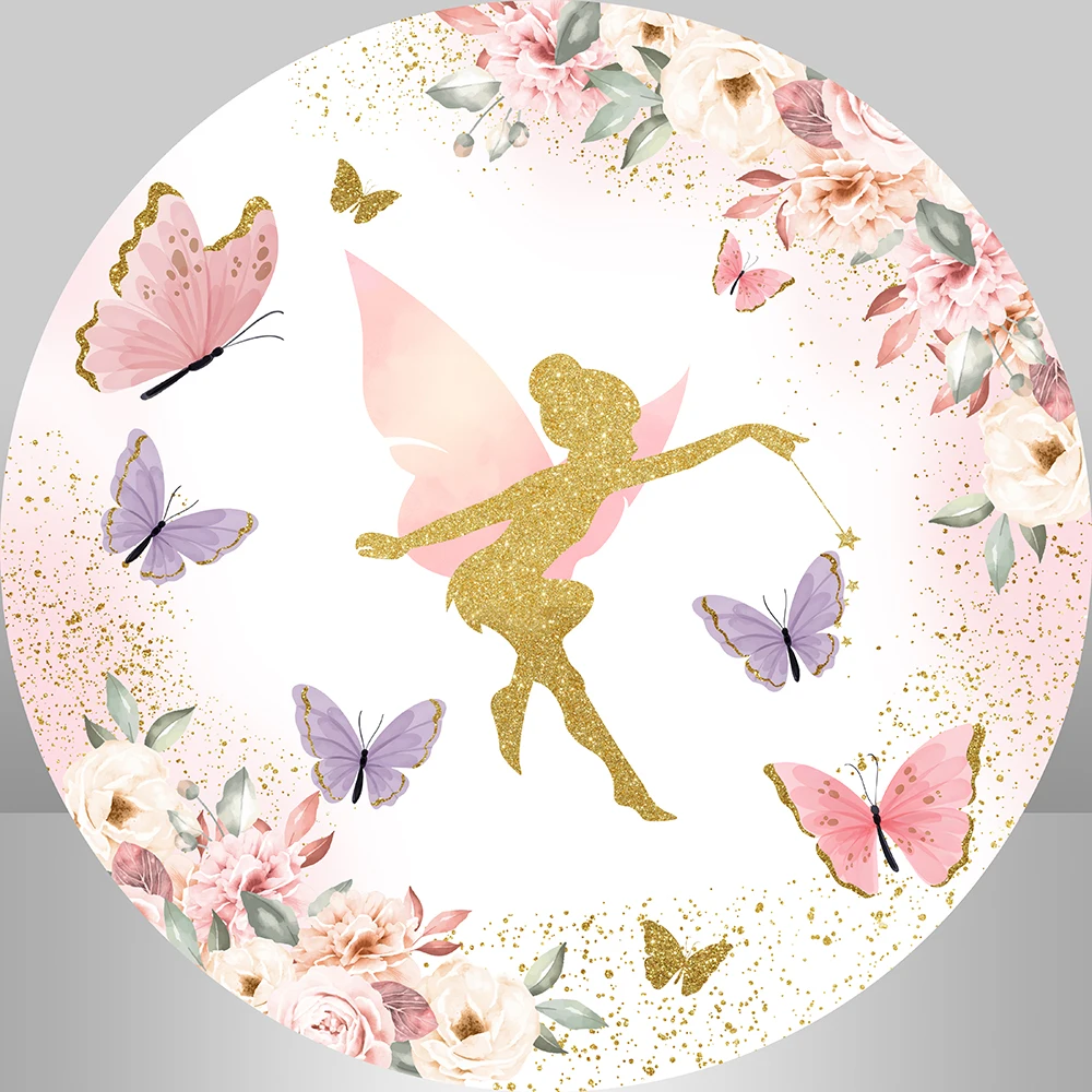 Fairy Princess Birthday Party Round Circle Backdrop Cover Spring Pink Gold Flower Butterflies Birthday Background Cylinder Cover