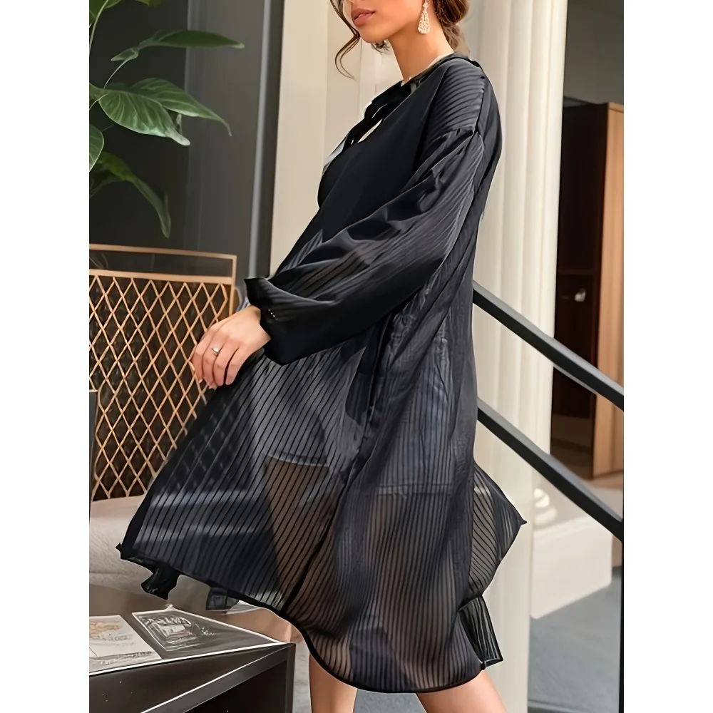 플러스 사이즈 1XL-5XL 여성의 새로운 유행하고 우아한 블랙 스트라이프 라펠 긴 소매 버튼 업 긴 소매 블라우스 셔츠