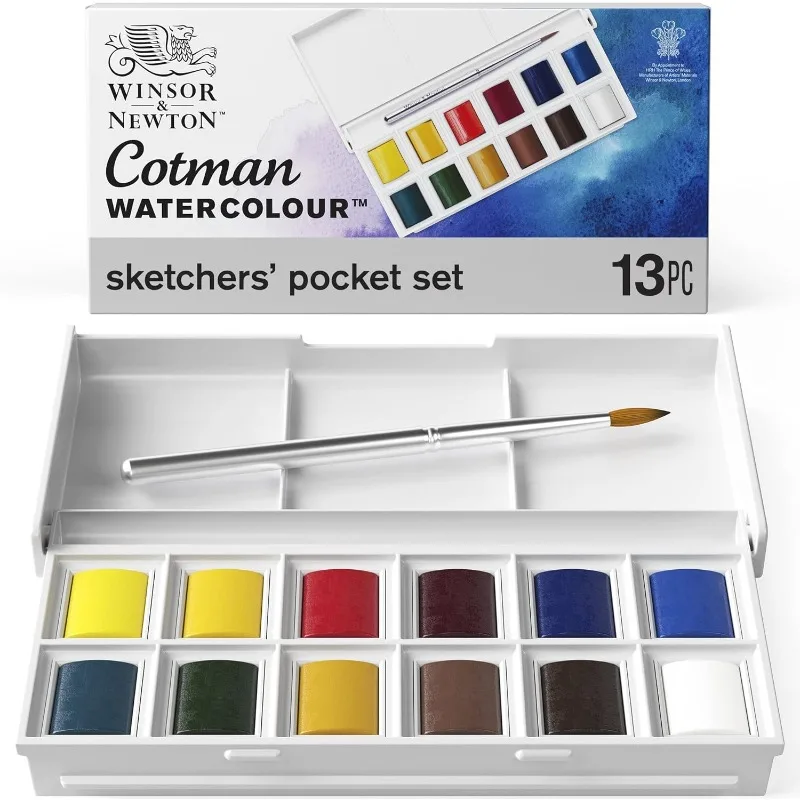 

Набор акварельных красок Winsor & Newton Cotman, карманный набор для художников, 12 полупанов с карманным кисточком и палитрой для смешивания, дорожный набор