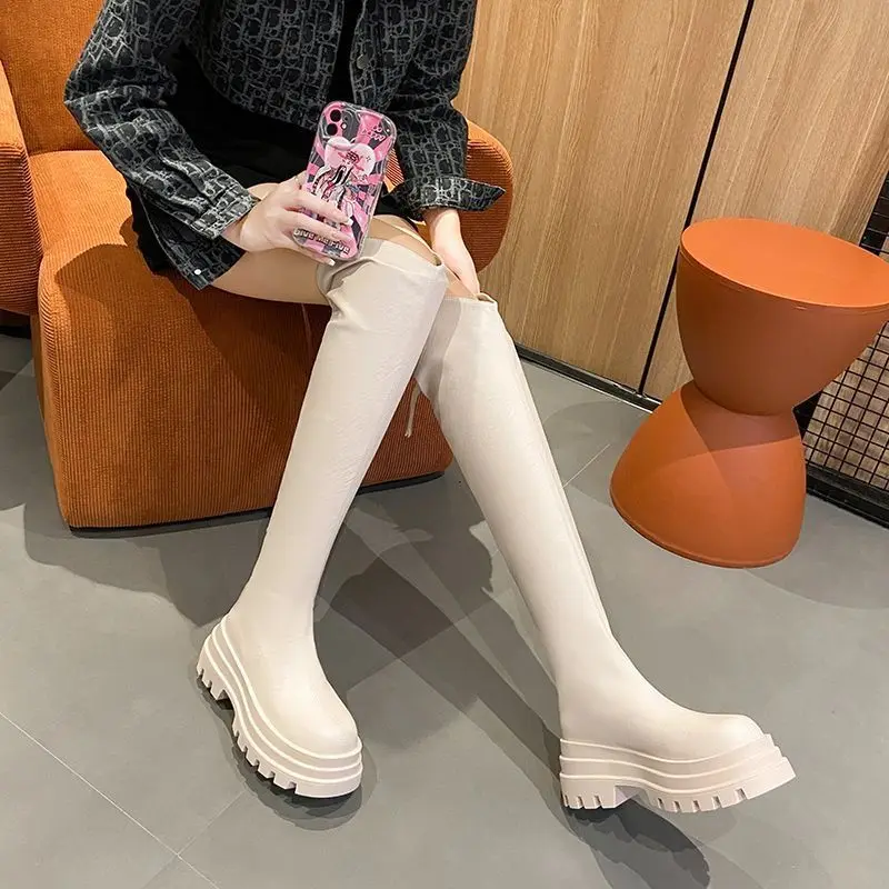 

Stretch Over The Knee Long Boots Women's 2025 SS Knight Style Short Girls Chunky Heel Slimming Height Increasing Riding Boots