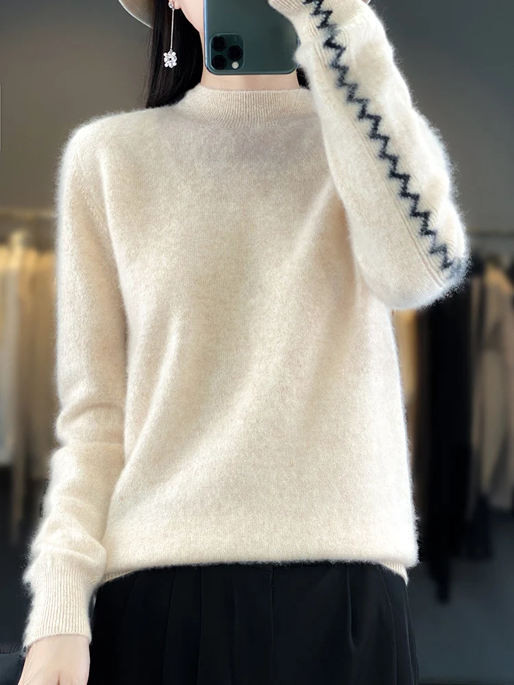 

New Chic Women Cashmere Design Sweater Autumn Winter Mock Neck Pullover 100% Merino Wool Knitwear Female Grace Soft Clothes Top