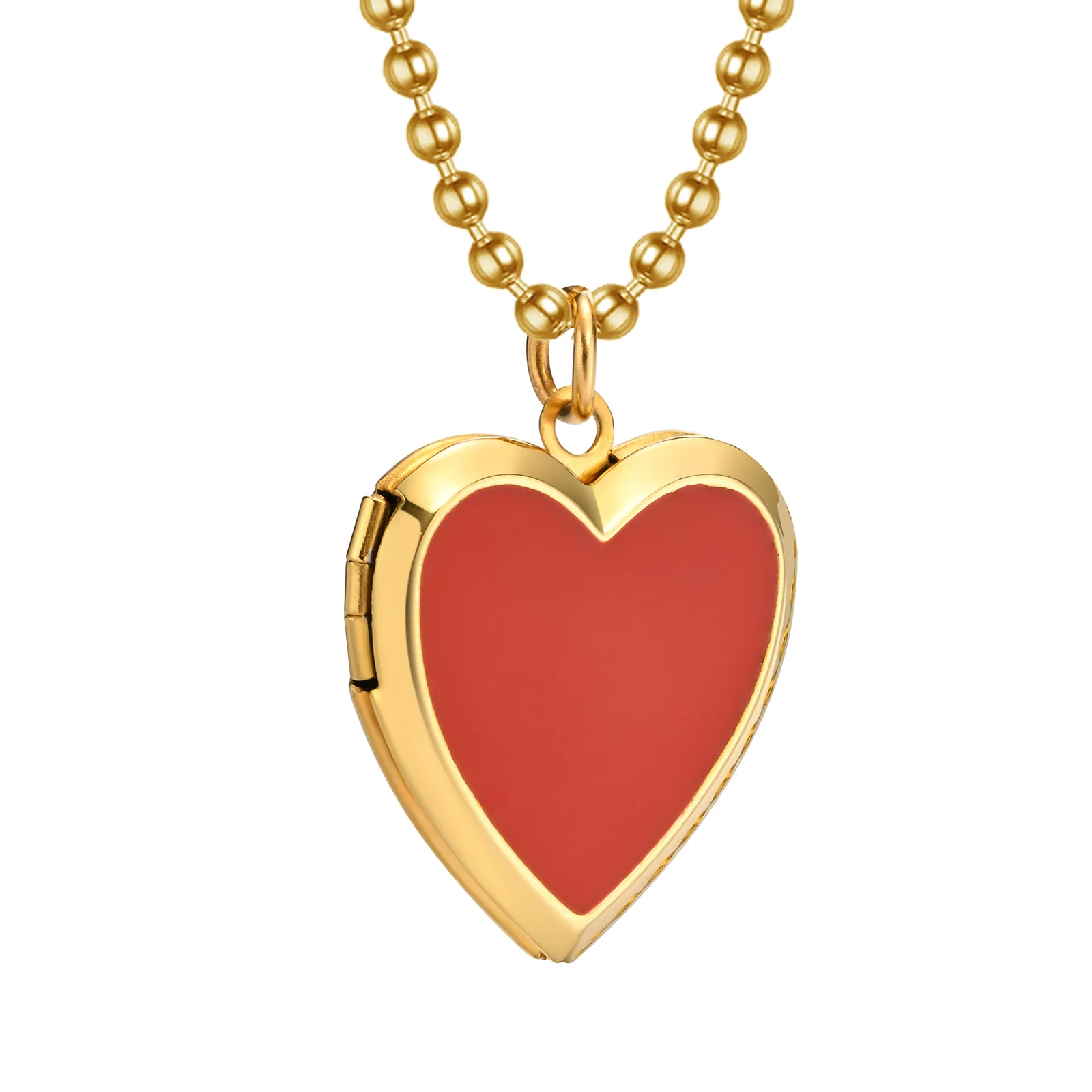 Enamel Red Heart Necklace for Women, Openable Heart Locket Pendant with Beaded Chain Adjustable