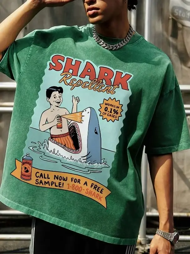 

Cartoon Little Boy Ocean Shark Print T-Shirt Retro Washed Round Neck Shoulder Down Do Old High Gram Weight New Short Sleeve