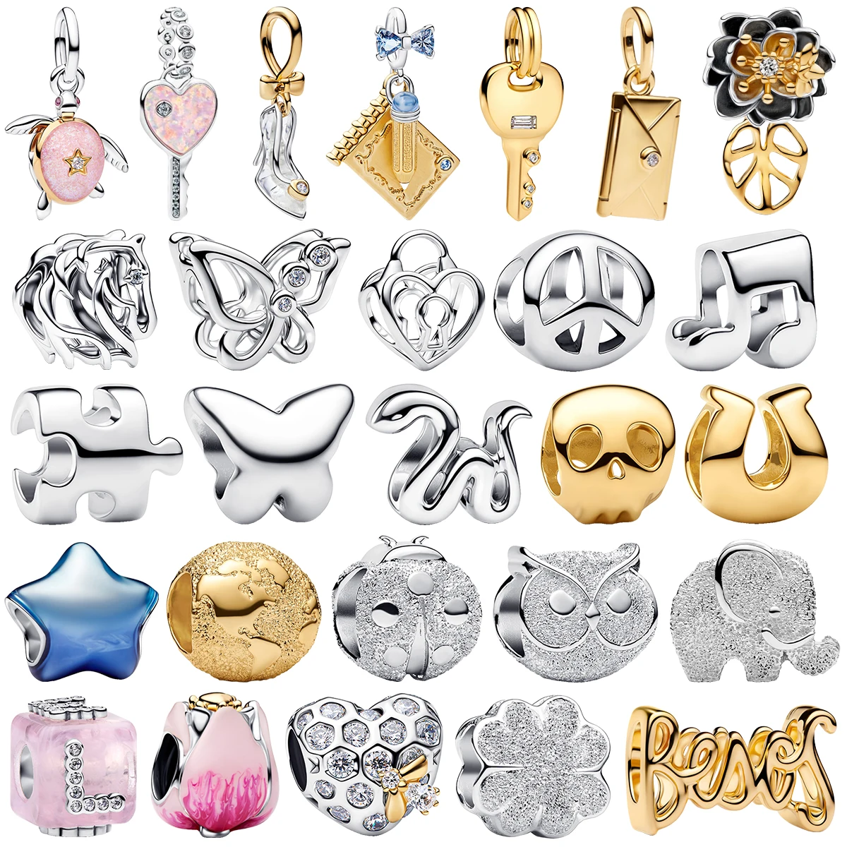 

S925 Silver Metal Hollow Polished Owl Glitter Beads Metallic Texture Chrams Pendant Elephant Pavé Cute Fit Bracelet Jewelry Gift