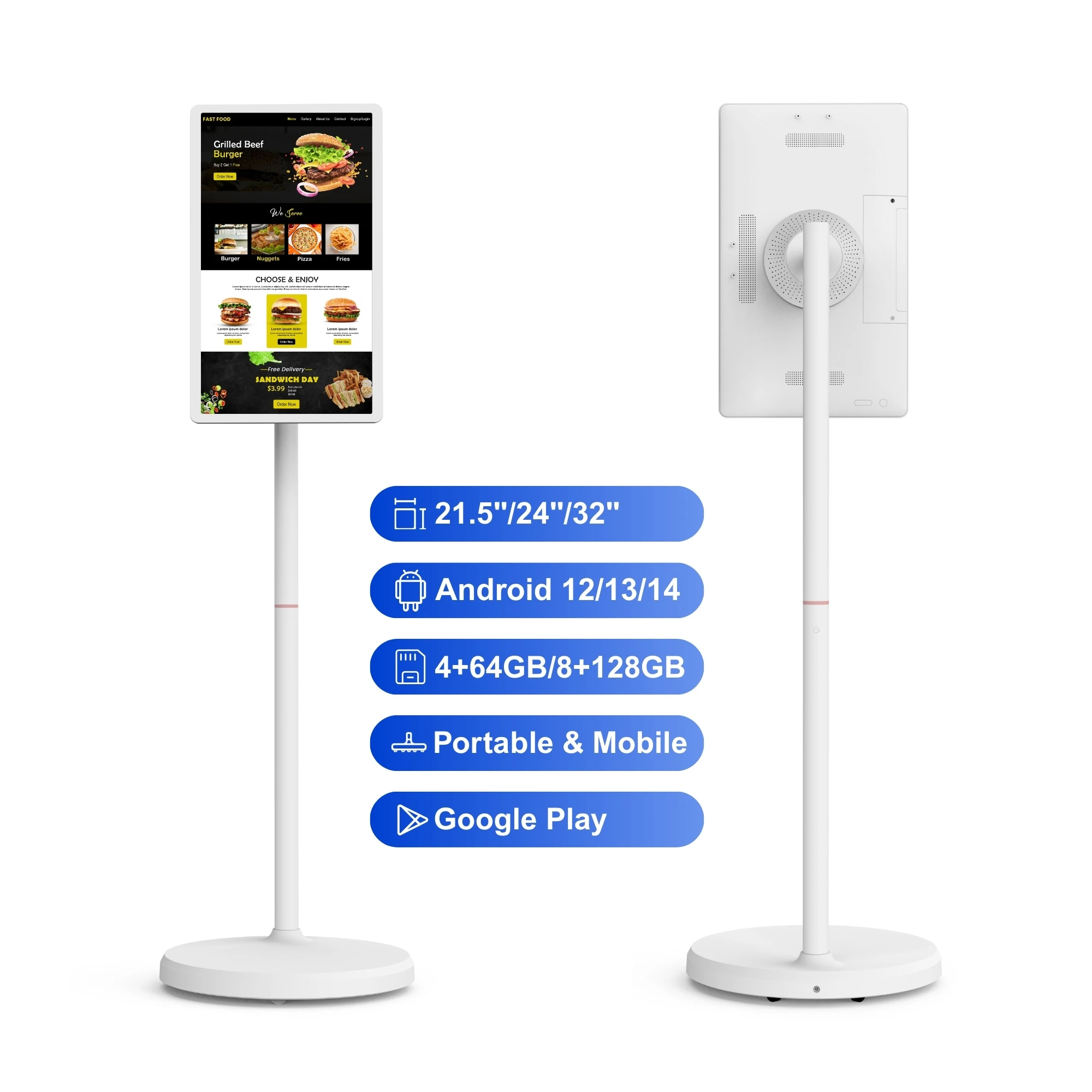 

24-Inch White Stand Android 13 FHD Kiosk 8+128GB Restaurant Ordering Menu With Touch Screen Rotating Feature For Digital Signage
