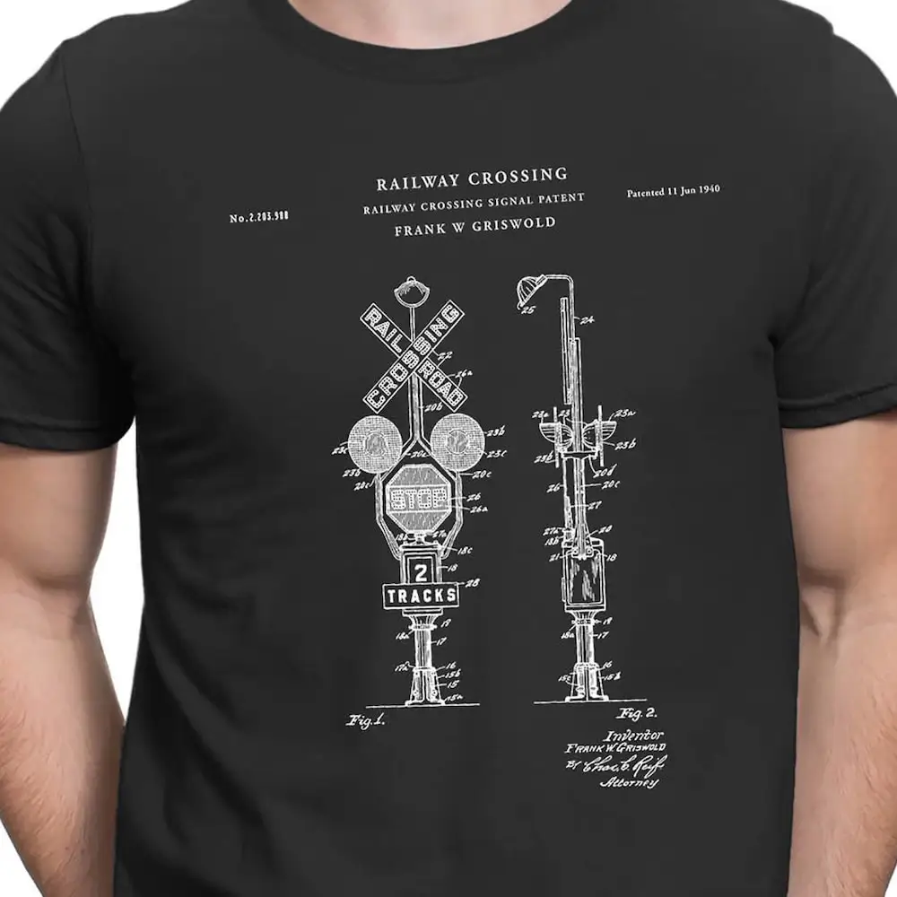 Railroad Crossing Signal Patent T Shirt Model Trains Train Locomotive Print Pt120