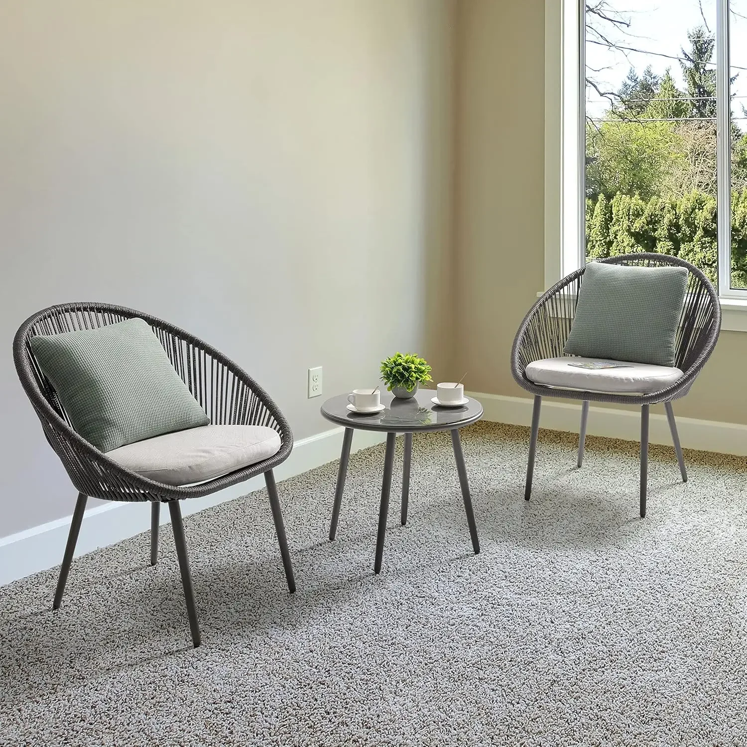 [Spedizione gratuita! ]Set da bistrot da esterno da 3 pezzi, set da patio per conversazione in corda intrecciata, sedie e tavolo per mobili da giardino per tutte le stagioni con