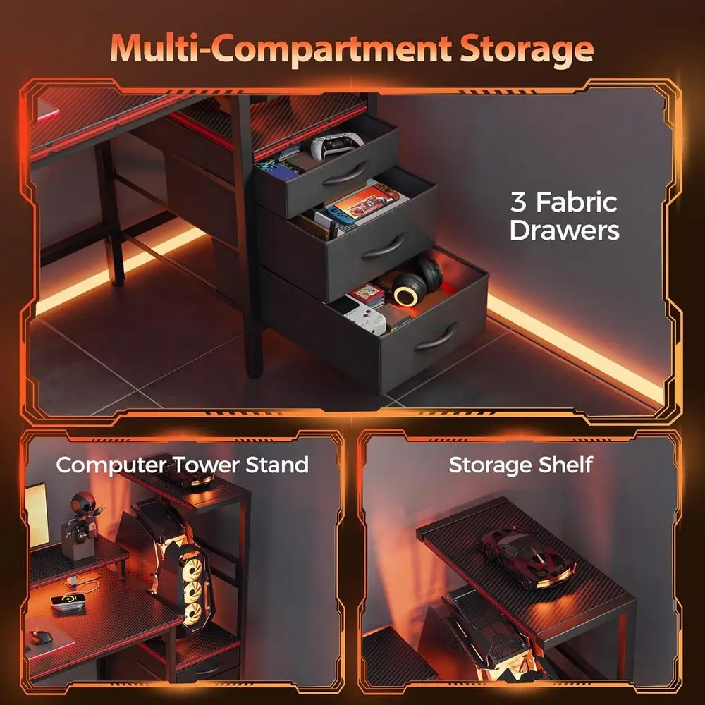 60 Reversible Gaming Desk with LED Lights, Storage, and Power Outlets