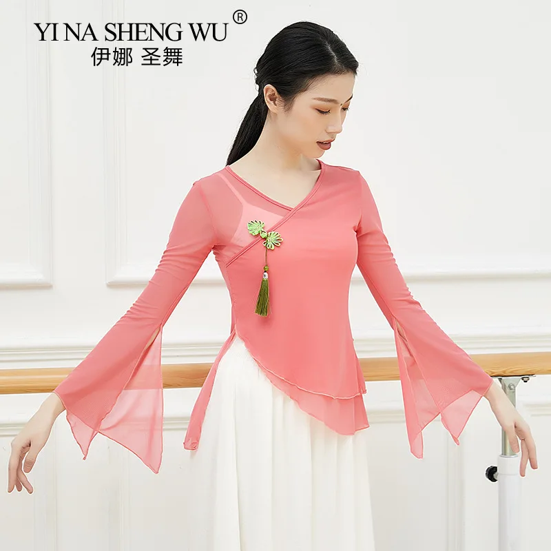 Women Classical Dance Practice Clothes Elegant Ancient Shirt Rhyme Gauze Top Folk Dance Costume Solid Color Long Sleeve Tops New