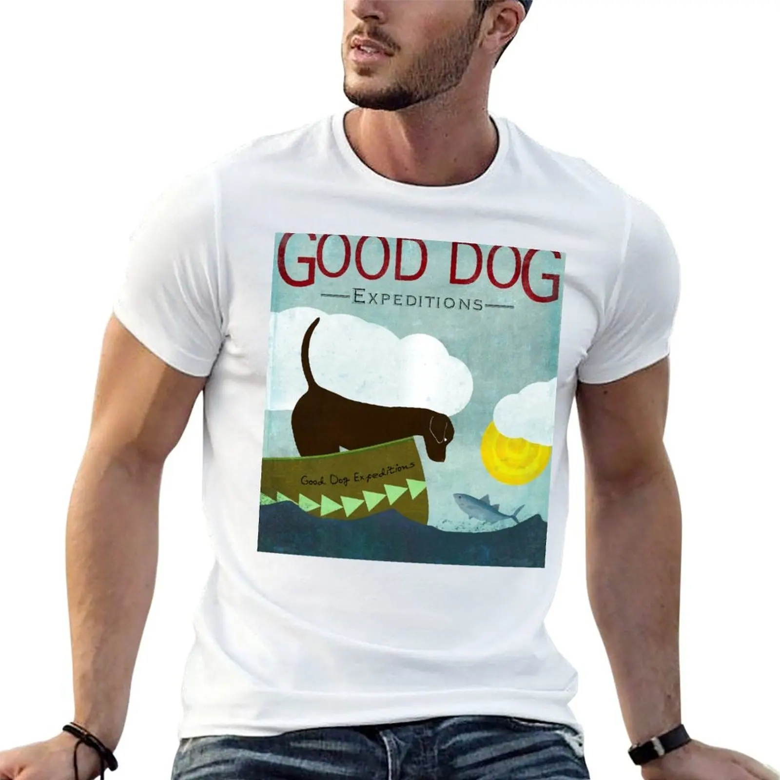 Good Dog Expeditions, dog on a lake meeting a fish T-Shirt man tshirt man t shirt cotton high quality t shirt man plain T-shirt