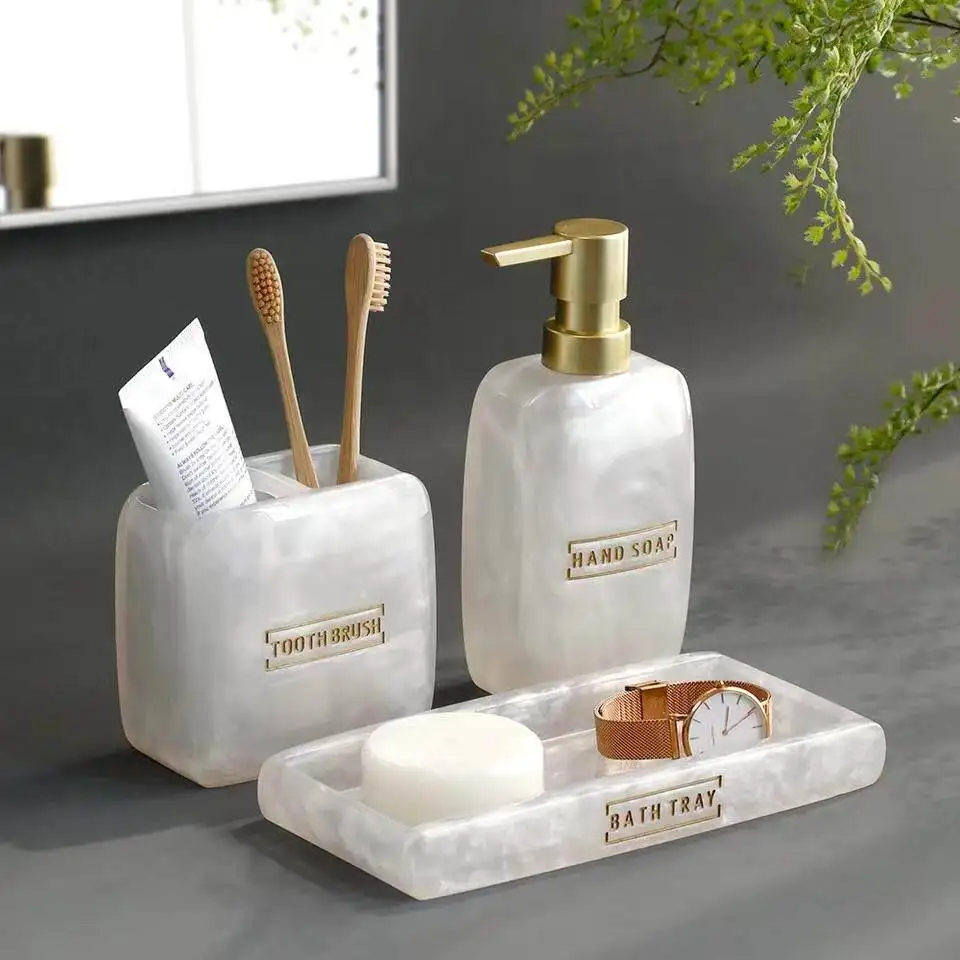 Modern White Pearlescent Resin Bath Accessories Set Gold Lettering Soap Dispenser and Toothbrush Box Bathroom Decoration
