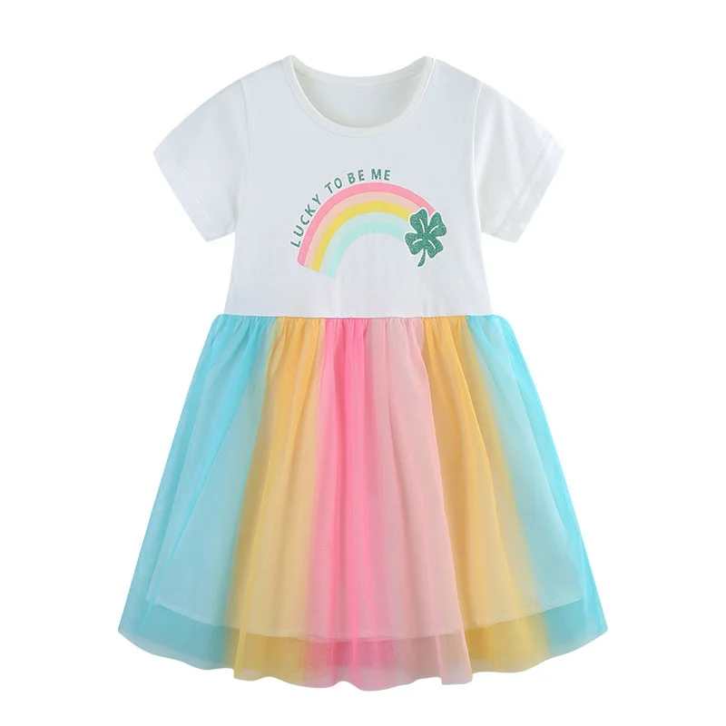 

Rainbow Summer Girls Dress 2-7T Mesh Skirt Kids Party Birthday Baby Clothing Vestidos Wedding