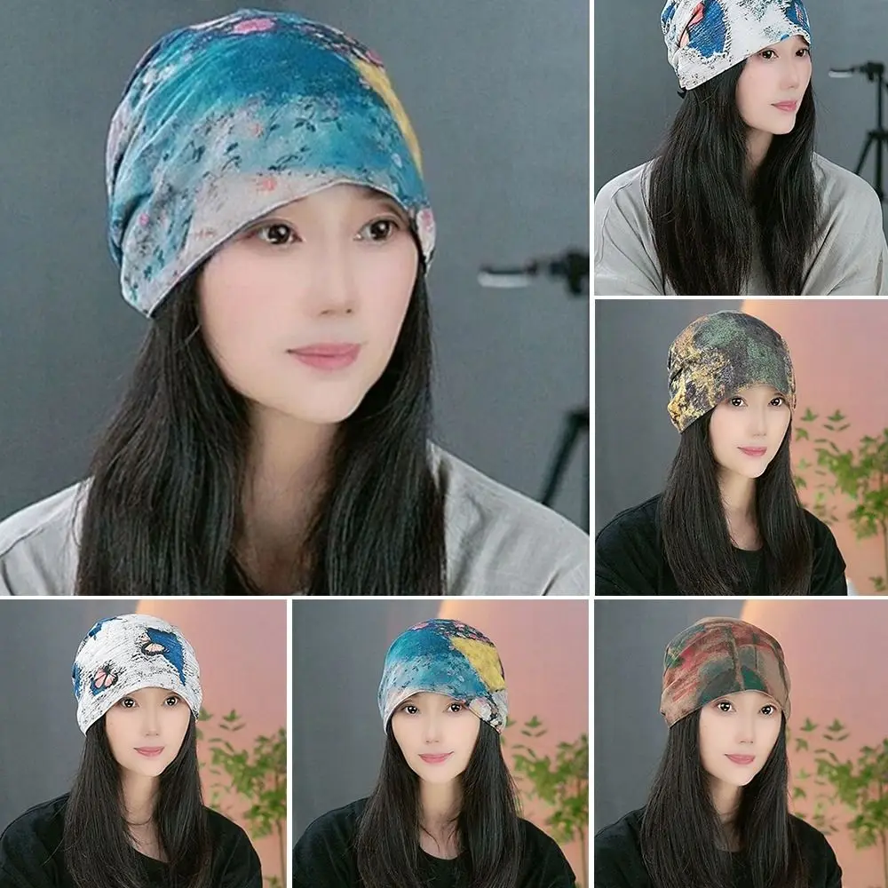 Casual Oil Painting Style Beanie Cap Windproof Slouchy Hat Keep Warm Double-sided Ear Protection Hat Winter