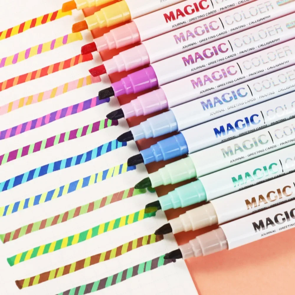 12pcs Double-ended Magic Color Changing Highlighter Pen Set Student Diary Scrapbook Painting DIY Making Classroom and Office