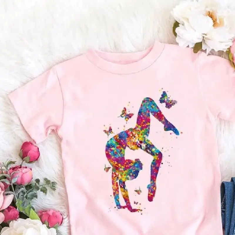 Kids 202375 Summer  Short Sleeve T-Shirts Watercolor Gymnastics Art Graphics Print T-shirt Girls GYM Lover Birthday Gift