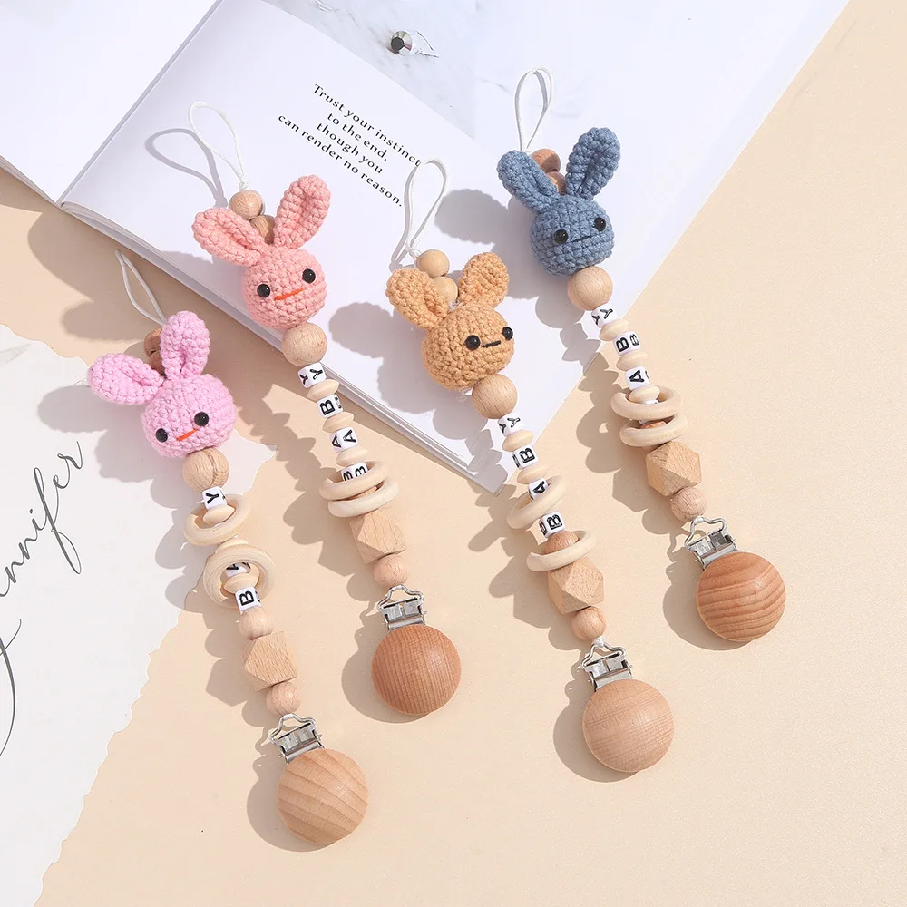 

Cartoon Pacifier Chain Clip Wood Crochet Rabbit Teething Chain Baby Teether Soother Holder Newborn Chew Toys Pacifier Clips