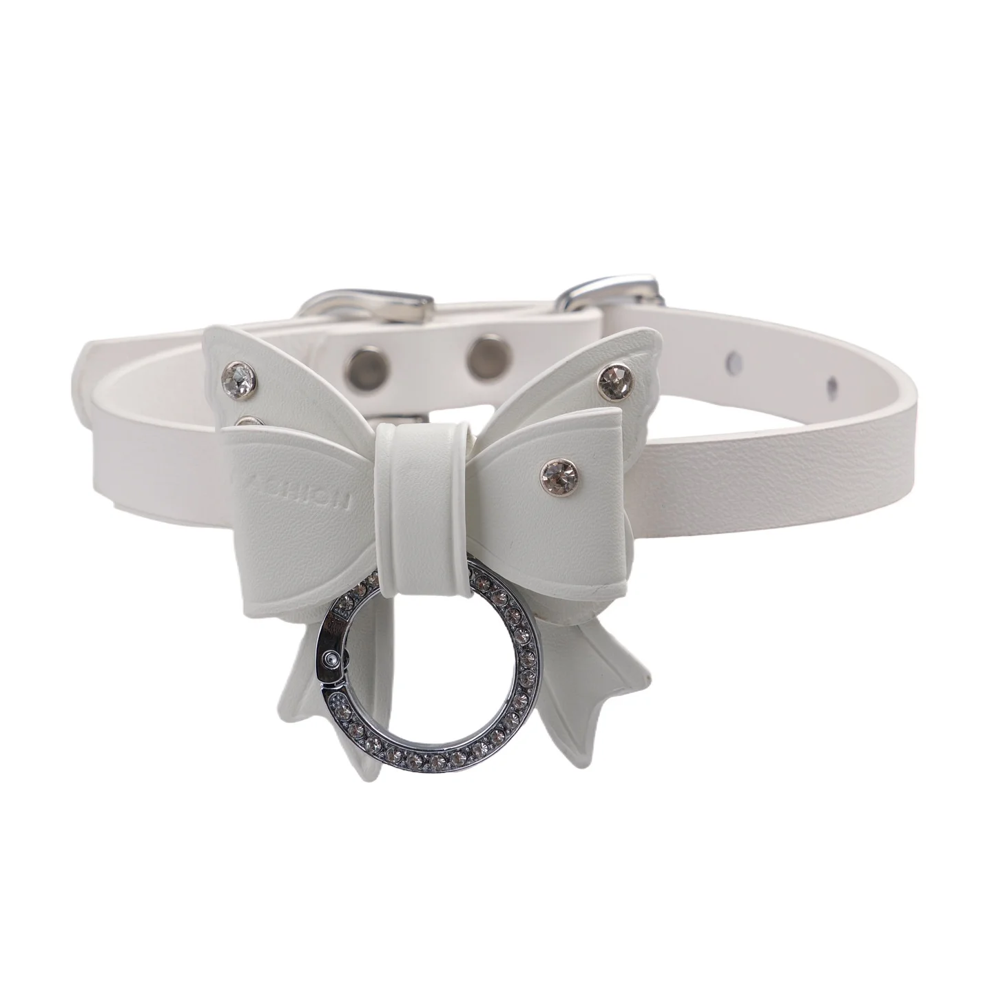 

Adult Games Sweet White PU Leather Choker Necklace, Bow Decor with Rhinestone O-Ring, Elegant Fashion Accessory for Women