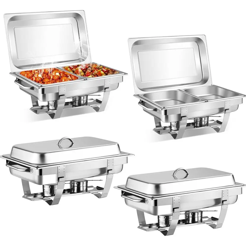 

Набор из 4-х емкостей для фуршета из нержавеющей стали объемом 9 кварт с съемными крышками, контейнерами для еды, контейнерами для воды, держателями для топлива, подставкой и подогревательными лотками для