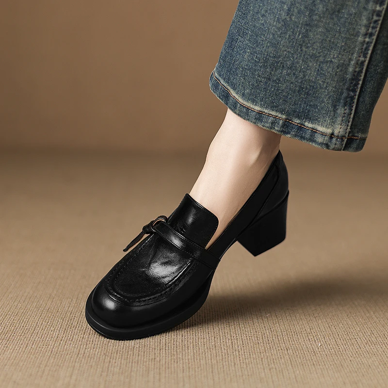 

Women’s Genuine Leather Loafers Chunky Heel British Style Commuter Dress Shoes Fashion Flats