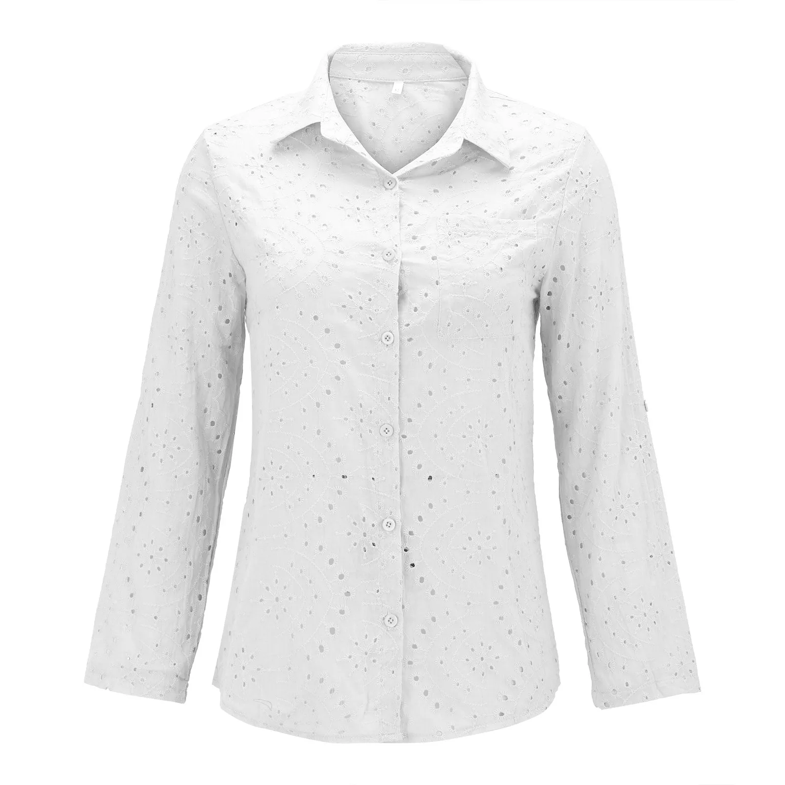 Women\'s Spring And Summer Solid Color Shirt Collar Loose Embroidered Hollow Large Size Shirt Top Teacher Shirts for Women