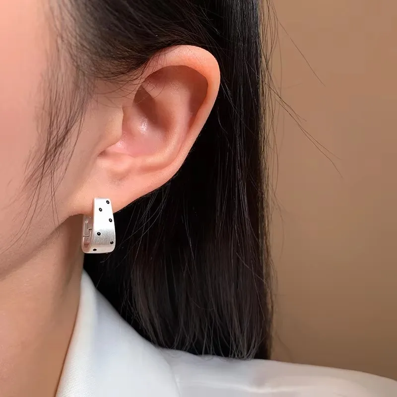 Polka Dot U Shaped Hoop Earrings Brushed Gold Silver Matte Jewelry for Women Korean Minimalist Textured Elegant Ear Studs Gifts