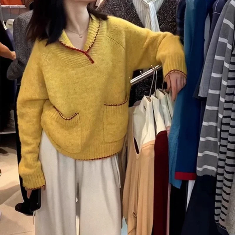 

High-end Yellow Raccoon Velvet Lapel Pullover Sweater for Women in Autumn and Winter, Loose and Lazy Knitted Top