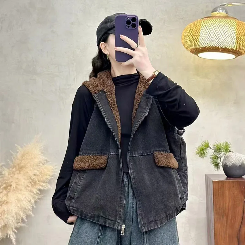 

Новый зимний джинсовый жилет женский винтажный свободный Harajuku теплый утепленный без рукавов с капюшоном классический повседневный свободный жилет