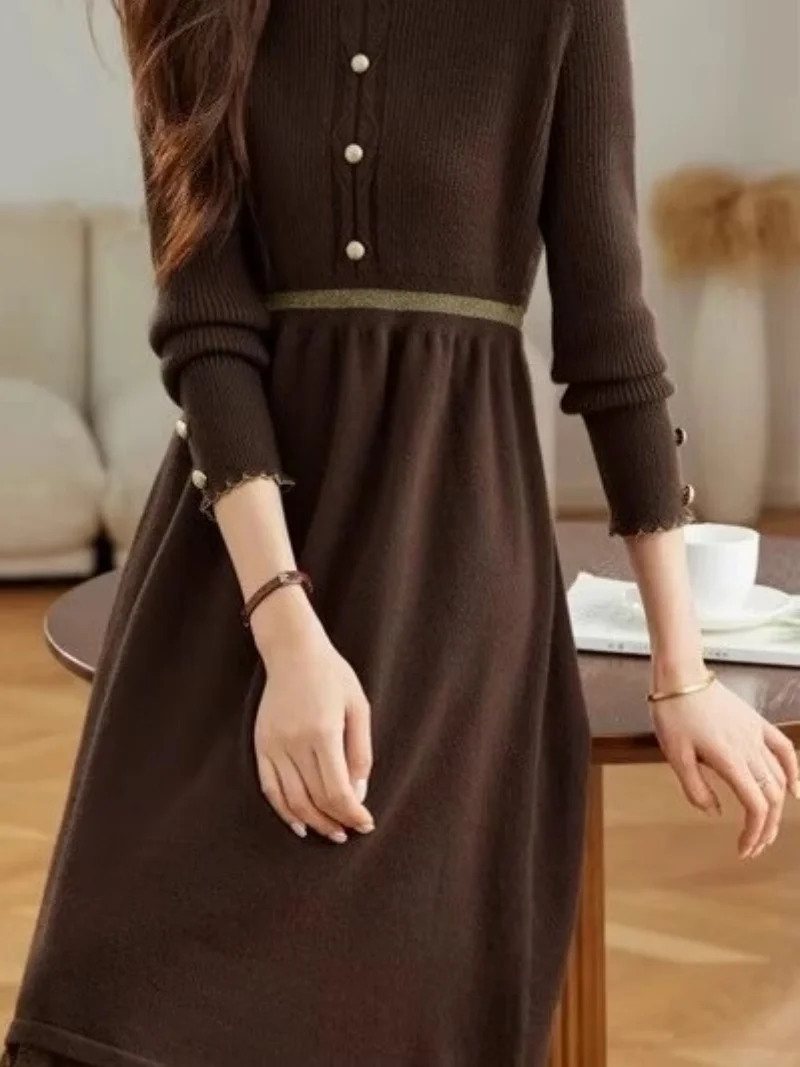 Knitted Dress Women's Spring And Autumn Winter Lace Splicing Fake Two Piece Mid Length A-line Bottom Woolen Dress W1636