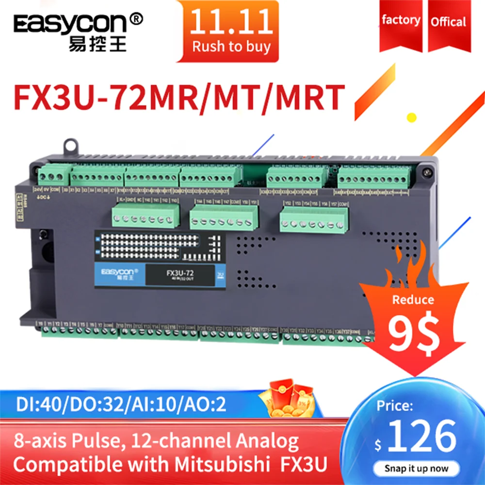 FX3U-72 MT/MR/MRT 10AI 2/6AO Customizable 40DI 32DO PLC Programmable Logic Controller for CNC Controller For HMI touch screen